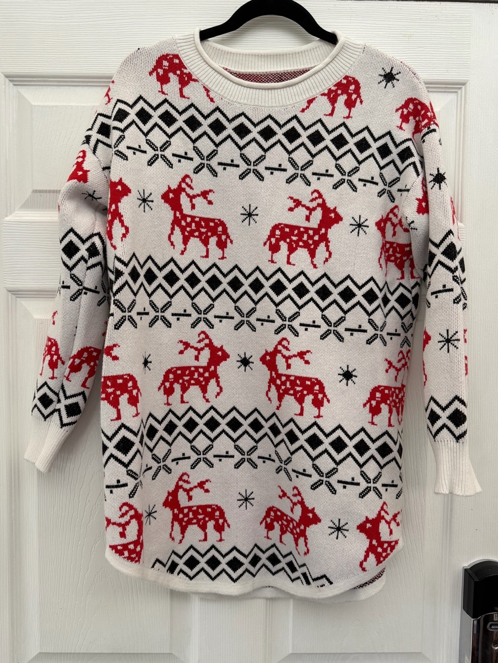 White Holiday Reindeer Knit Sweater with Red and Black Pattern